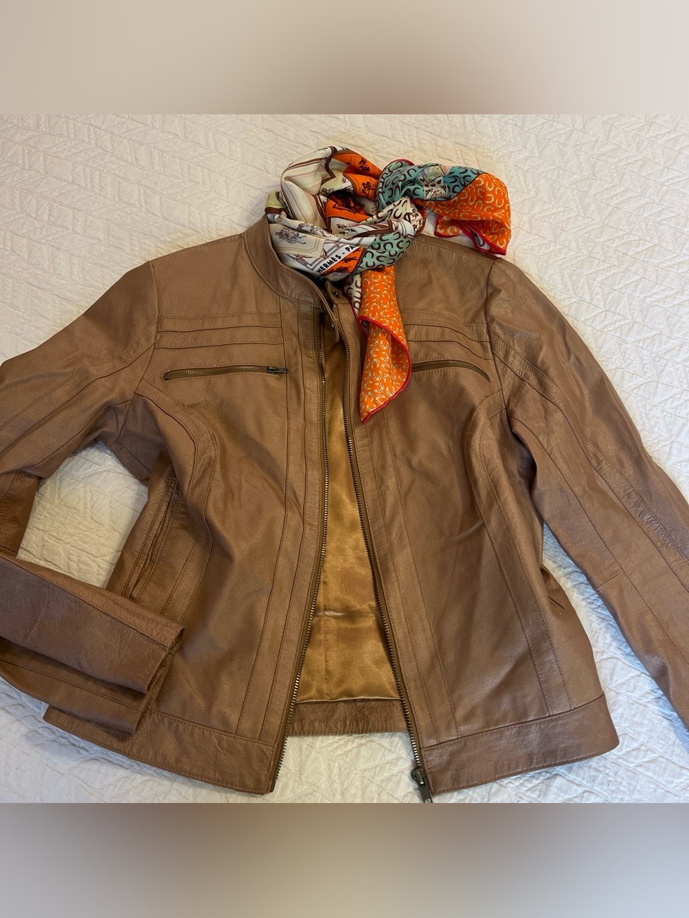 Arden B Tan Leather Zip-Front Moto Jacket
